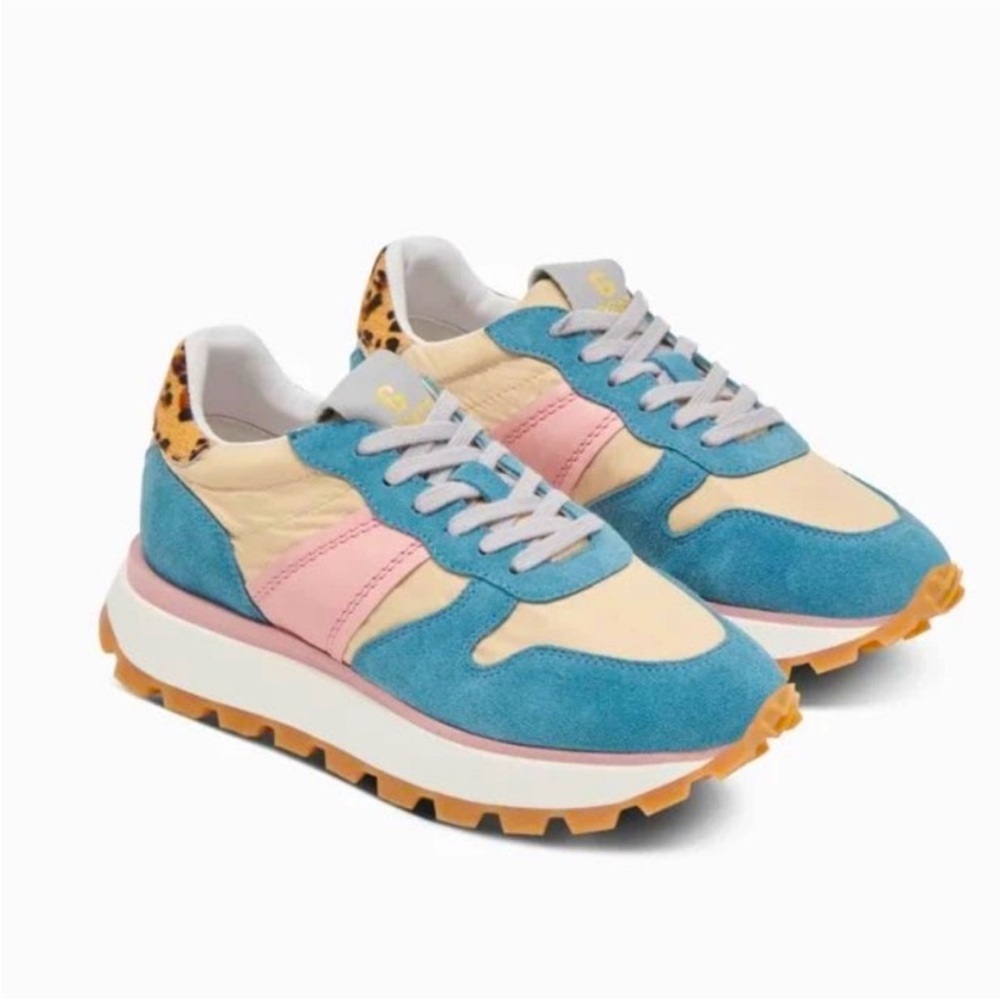 NIB Greats Brooklyn Women's Sneakers in Blue and Pink with leopard print
